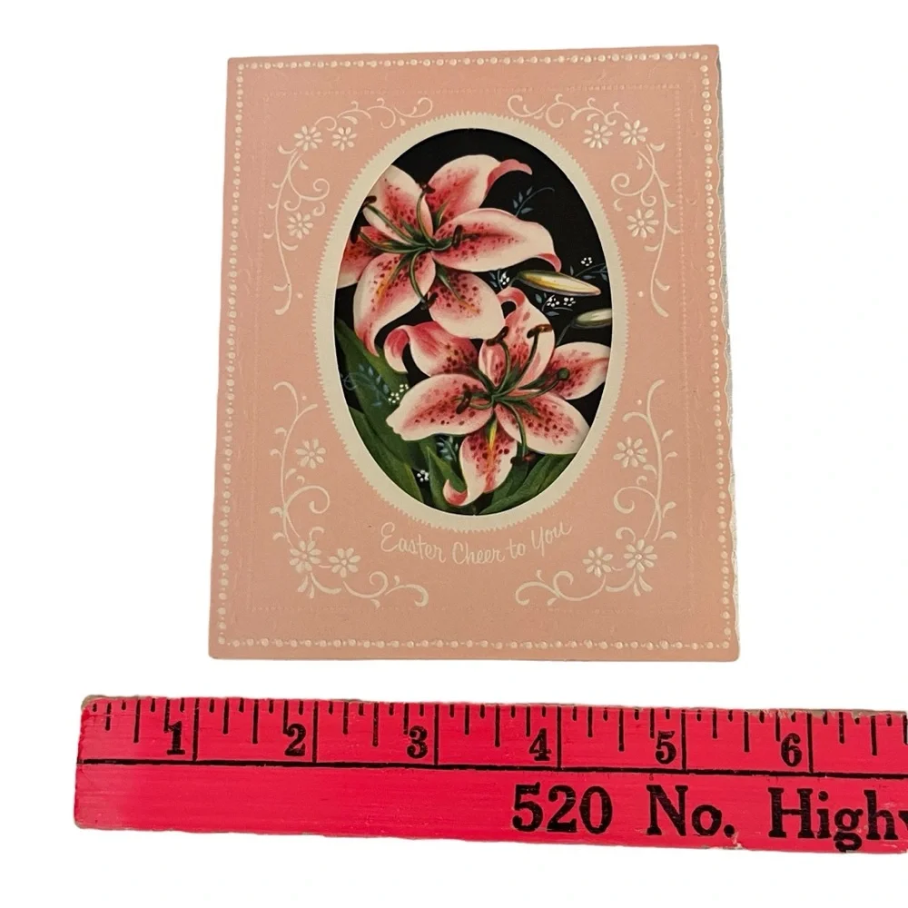 Unused Vintage Easter Greeting Card Pink Lilies Raised Cutout Floral Religious